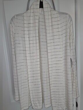 August Mist Cream & Black Striped Open Front Cardigan with Suede Elbow Patches